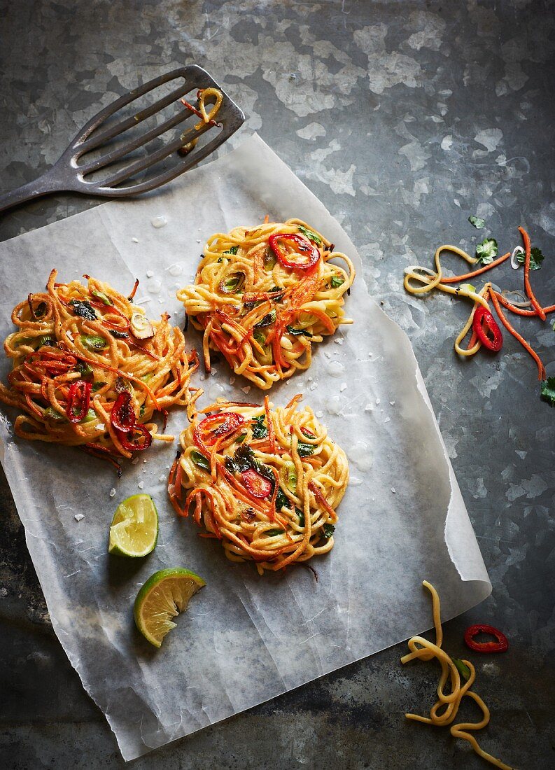 Noodle cakes with carrots and chillies