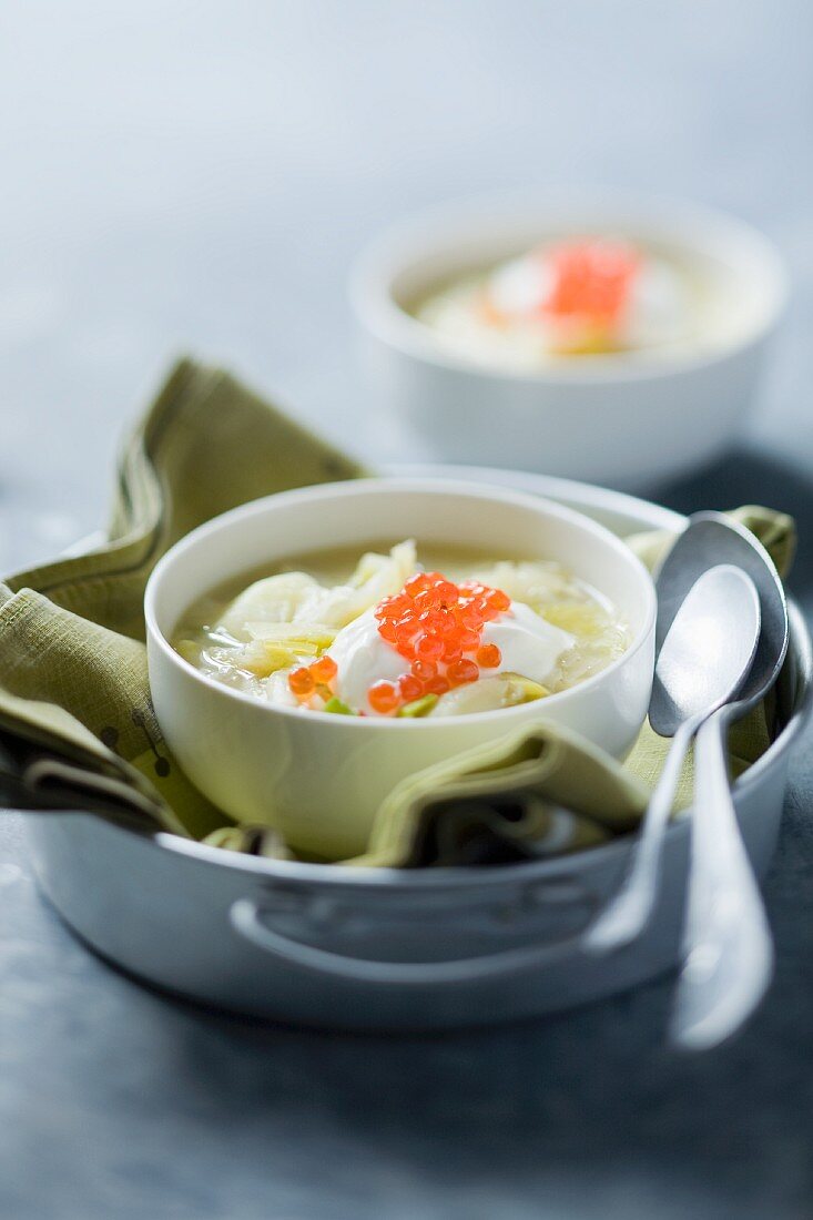 Leek soup with caviar