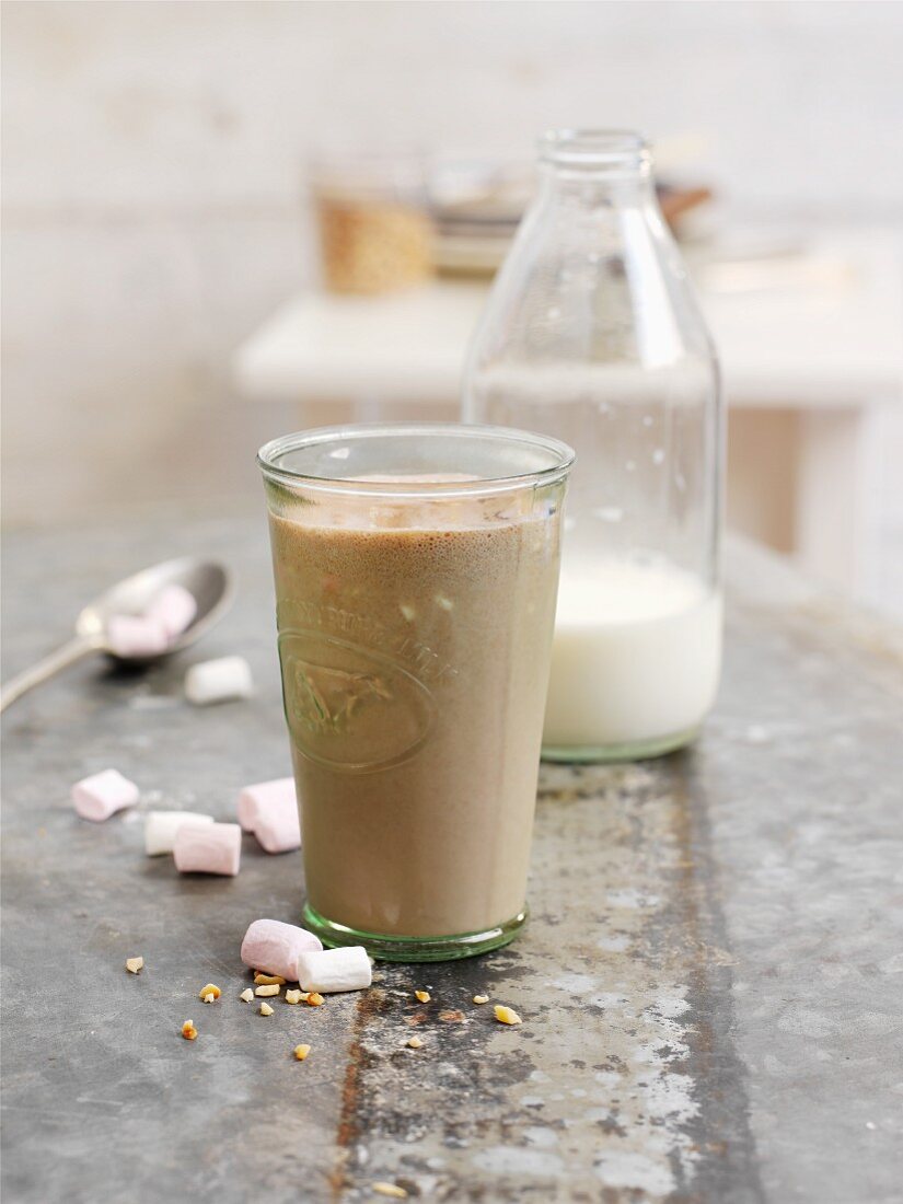 A chocolate and hazelnut shake with marshmallows