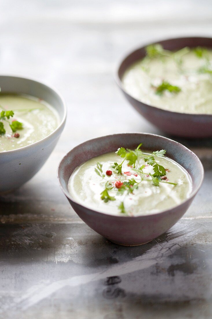 White turnip leaf soup with pink peppercorns