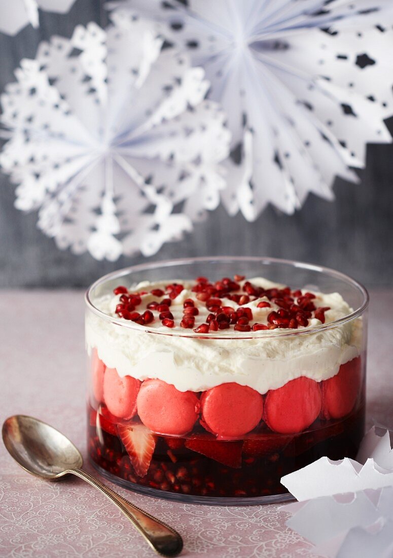 A trifle made with strawberries, pomegranate and raspberry macaroons