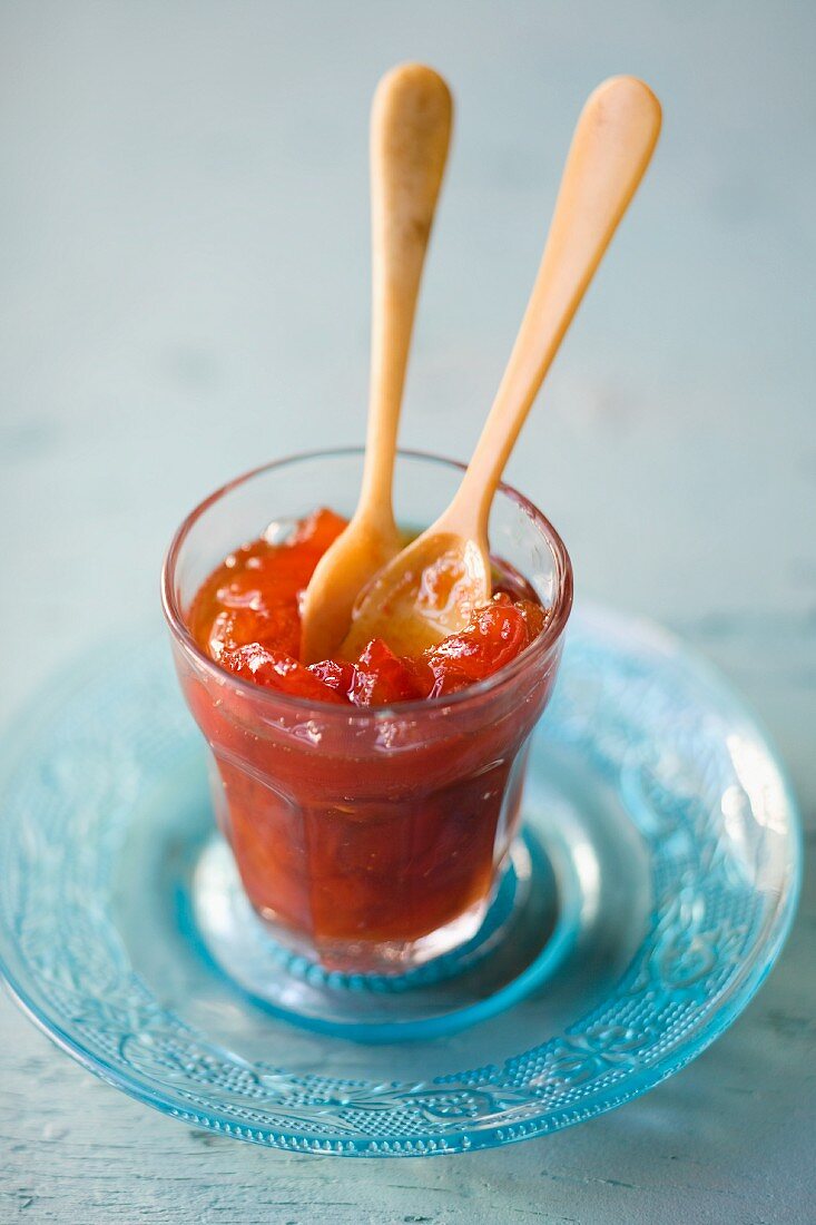 Pepper jam in a glass with spoons
