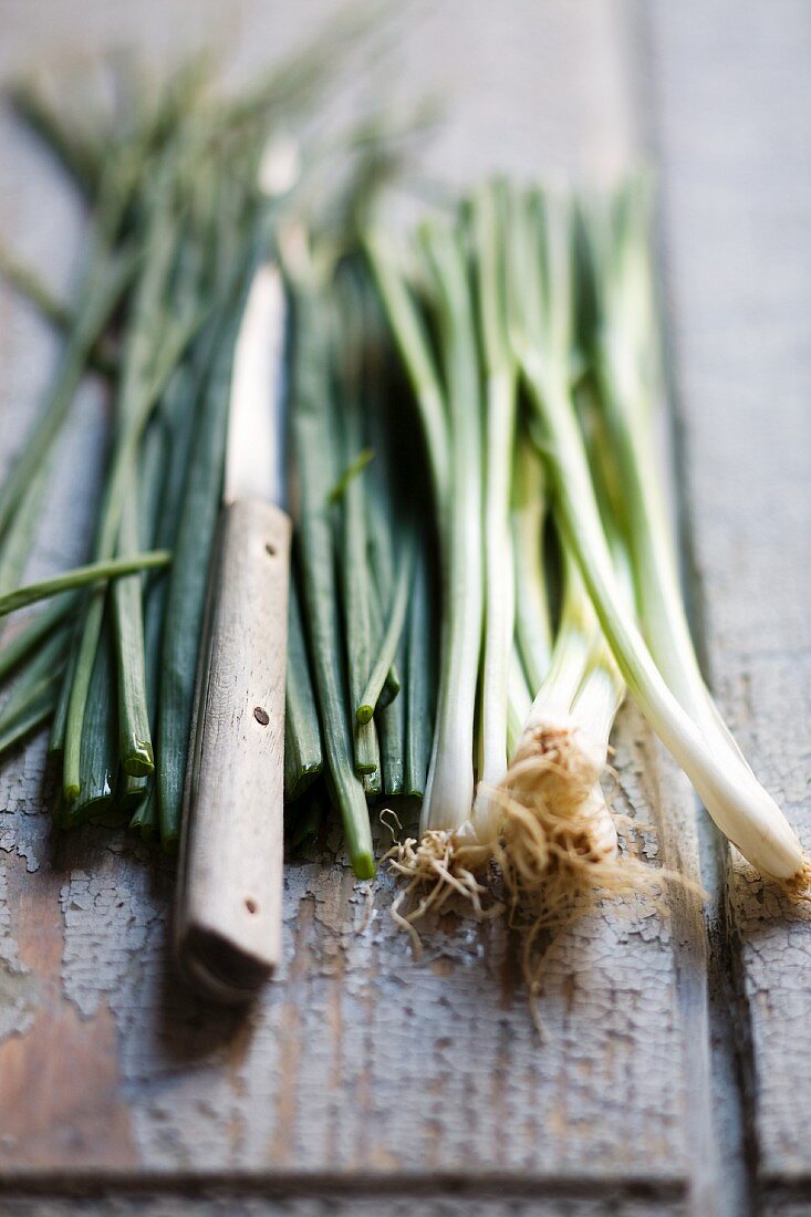 Spring onions and a knife