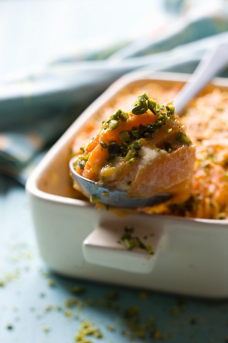 Sweet potato gratin with pistachios