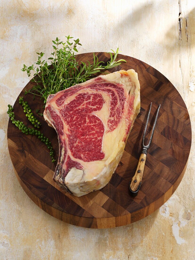 Entrecote steak of Wagyu beef on a wooden board