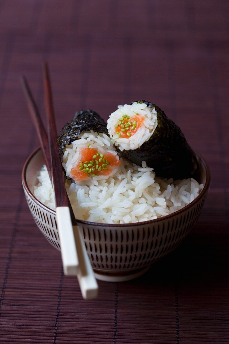 Salmon maki sushi on a bed of rice