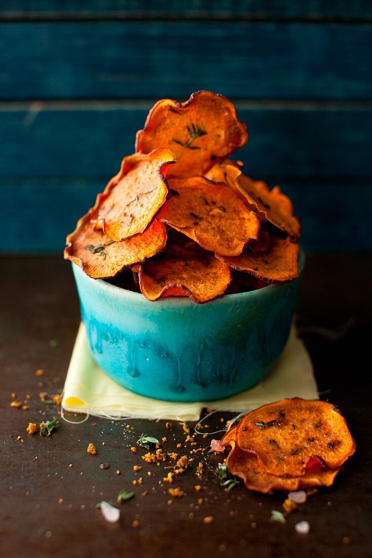 Sweet Potato Chips in a Pottery Bowl