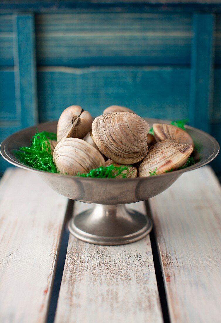Fresh Clams in a Metal Footed Bowl