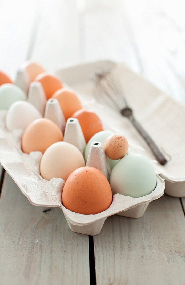 Verschiedene frische Eier in geöffnetem Eierkarton
