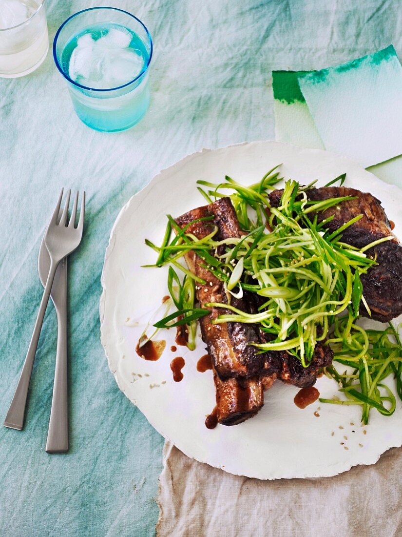 Marinated beef ribs with cucumber relish