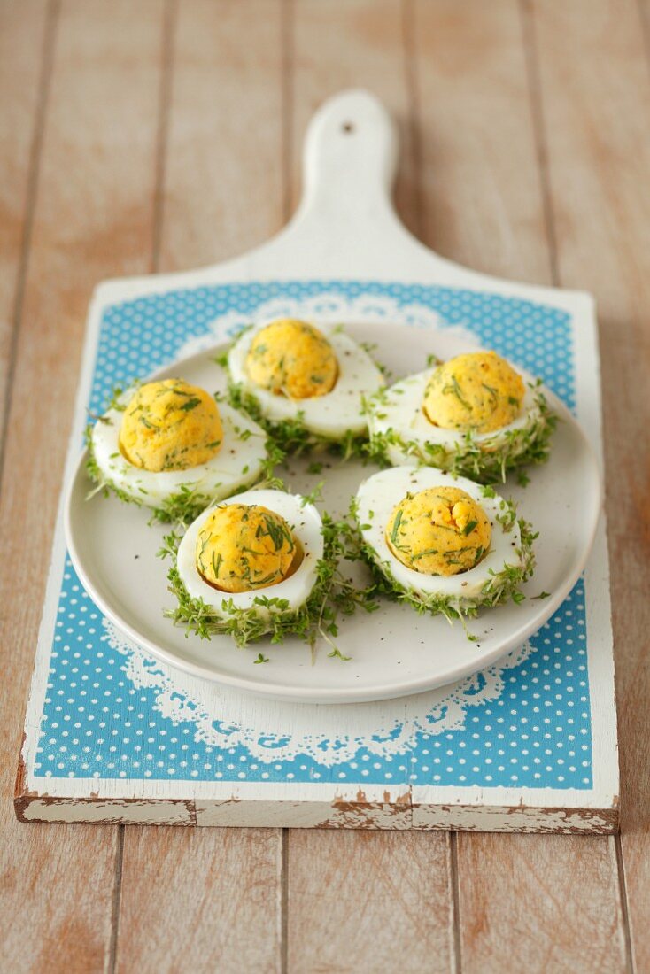 Stuffed eggs with cress