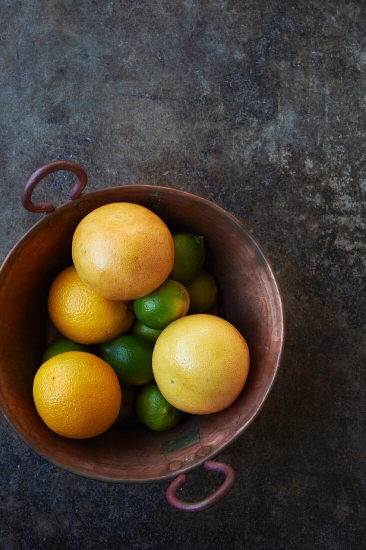 Orangen, Grapefruits und Limetten in einer Kupferschüssel (Draufsicht)