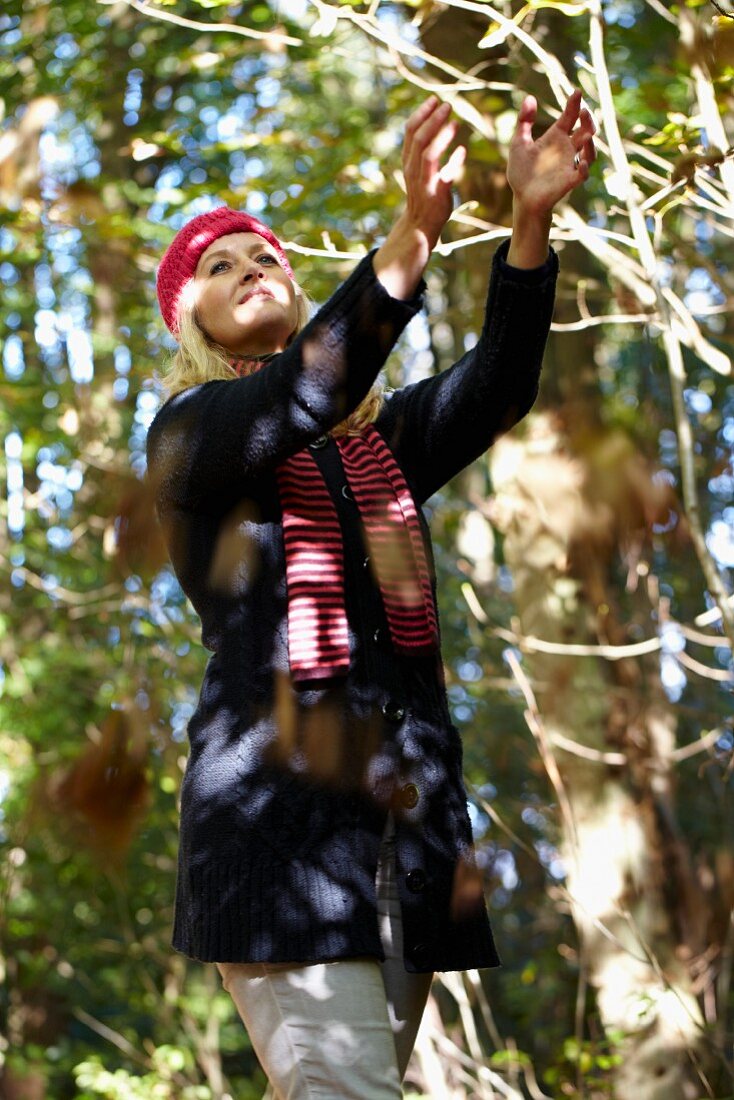 Woman gathering autumn leaves in woods