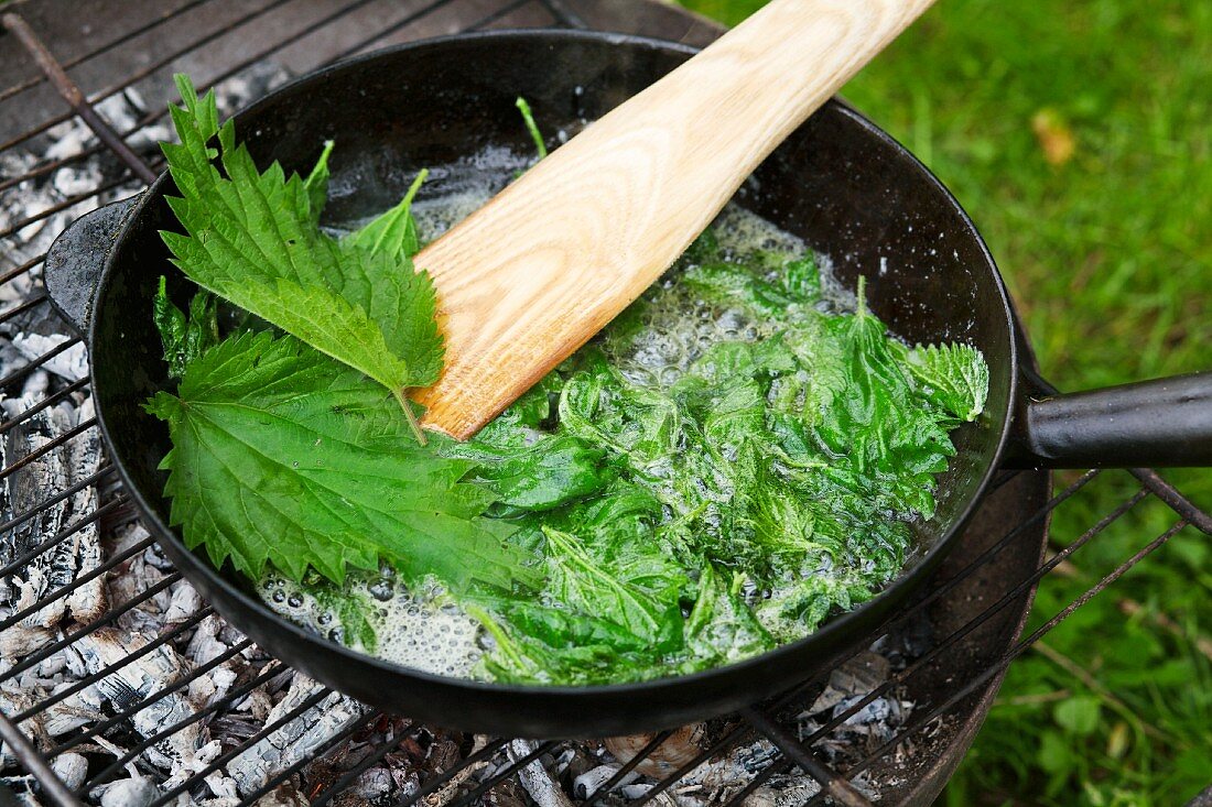 Stinging nettle leaves being fried in oil