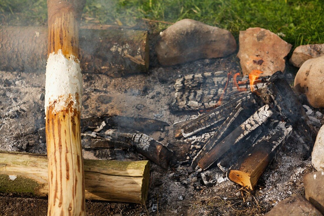 Rustikalen Baumkuchen am offenen Feuer backen