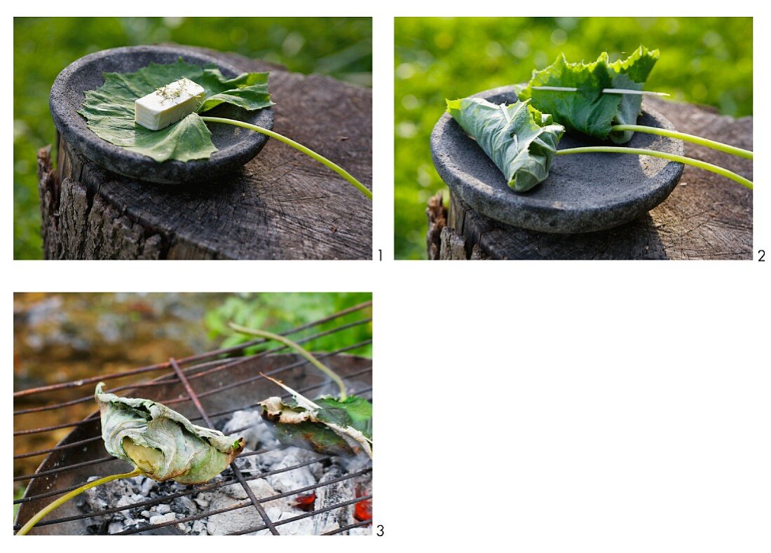 Sheep's cheese being cooked in a coltsfoot leaf