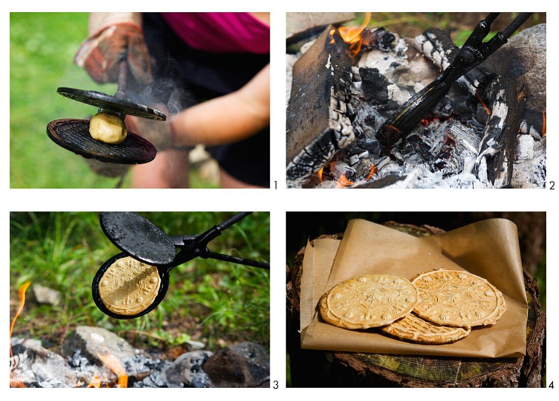 Waffeloblaten im offenen Feuer backen