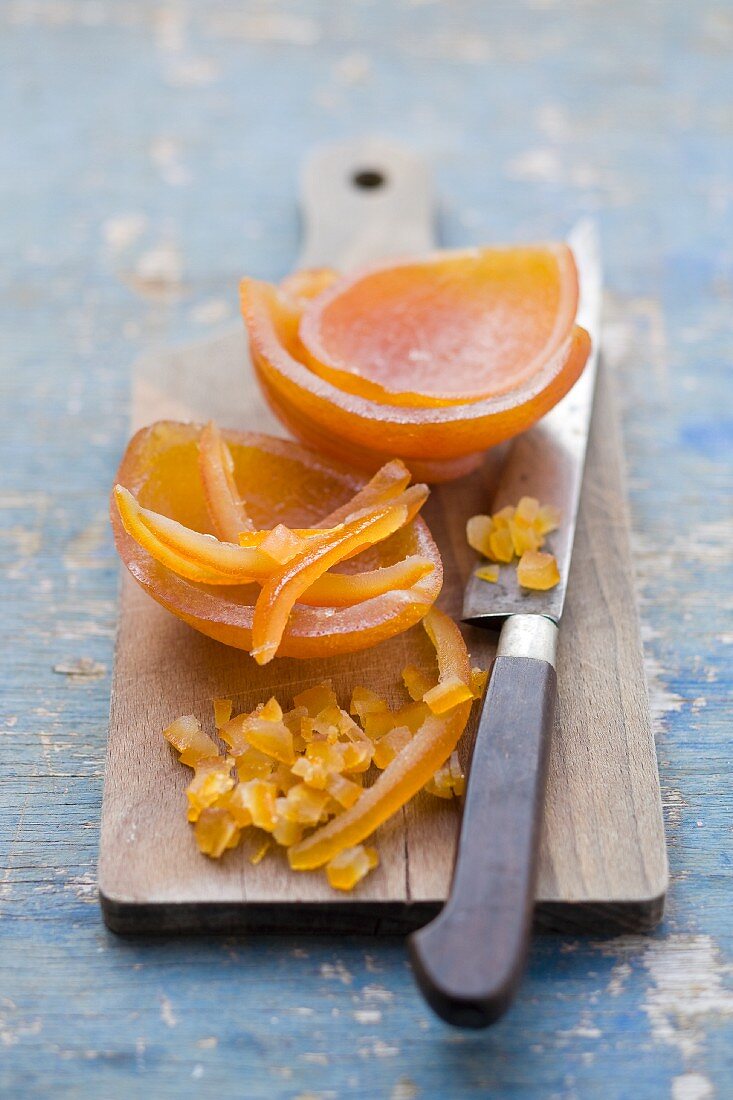 Candied orange peel on a chopping board