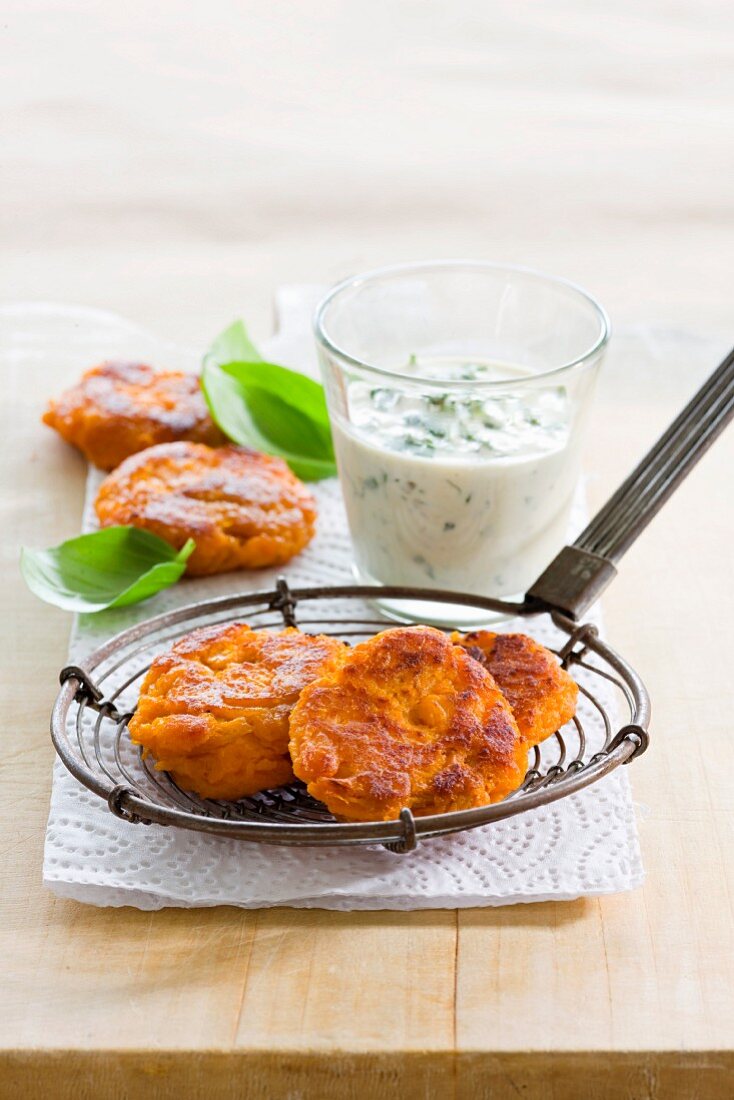 Sweet potato fritters with herb dip