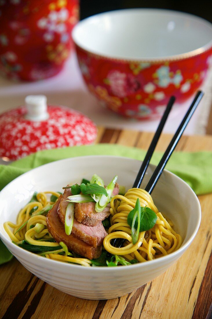 Chinese noodle salad with duck breast