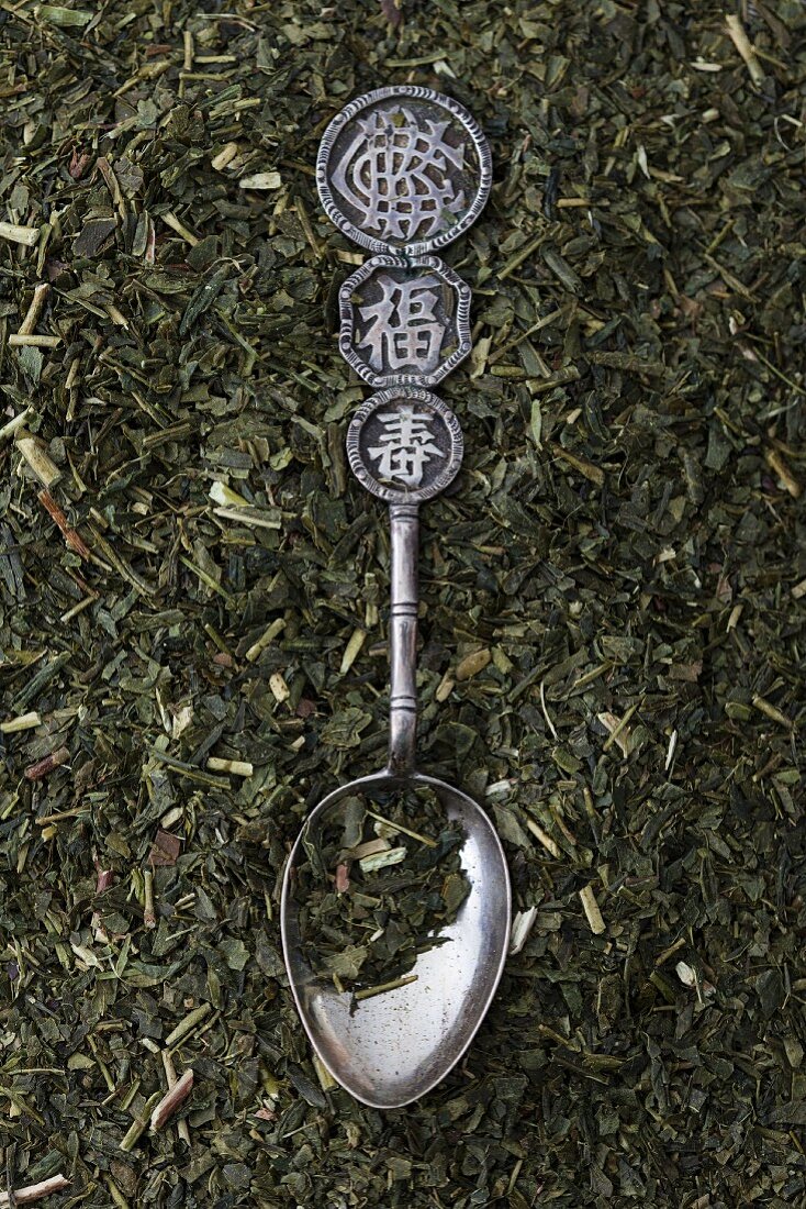 Orientalischer Silberlöffel auf Sencha-Teeblätter liegend