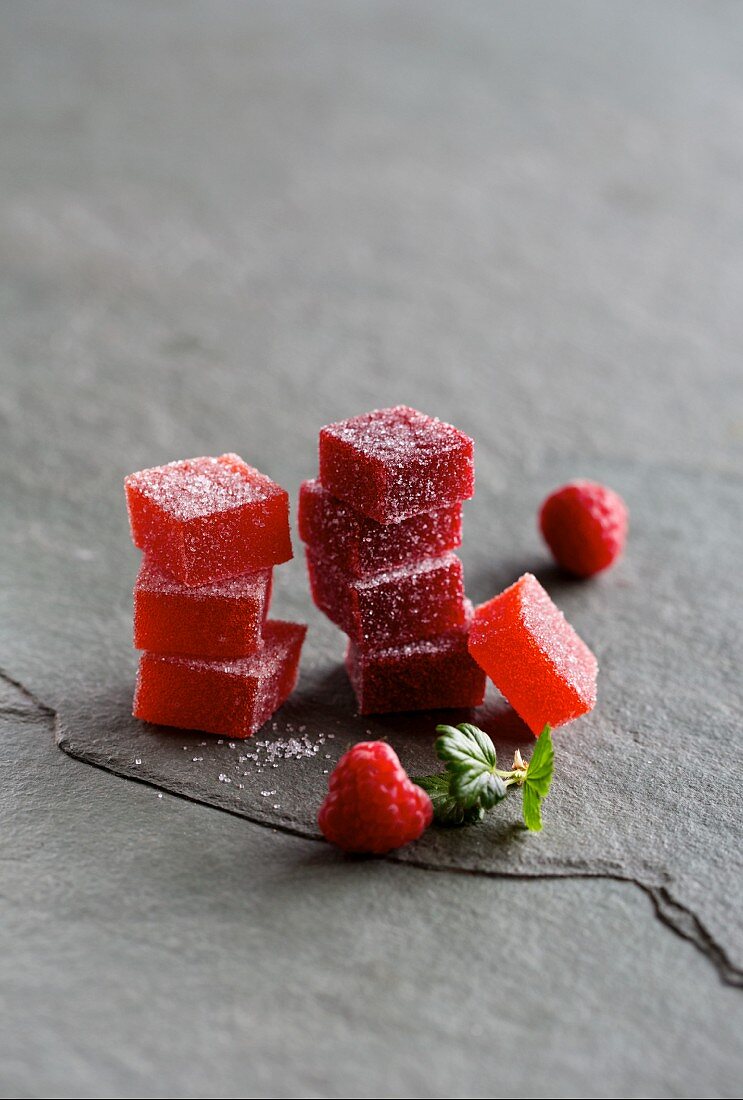 Cubes of raspberry and strawberry jelly