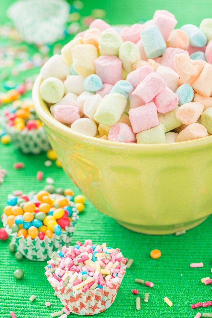 Colourful mini marshmallows, sugar sprinkles and sugar balls