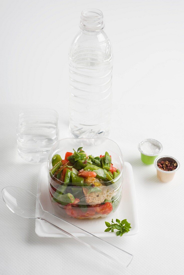 Bread salad with sugar snap peas, green beans and tomatoes