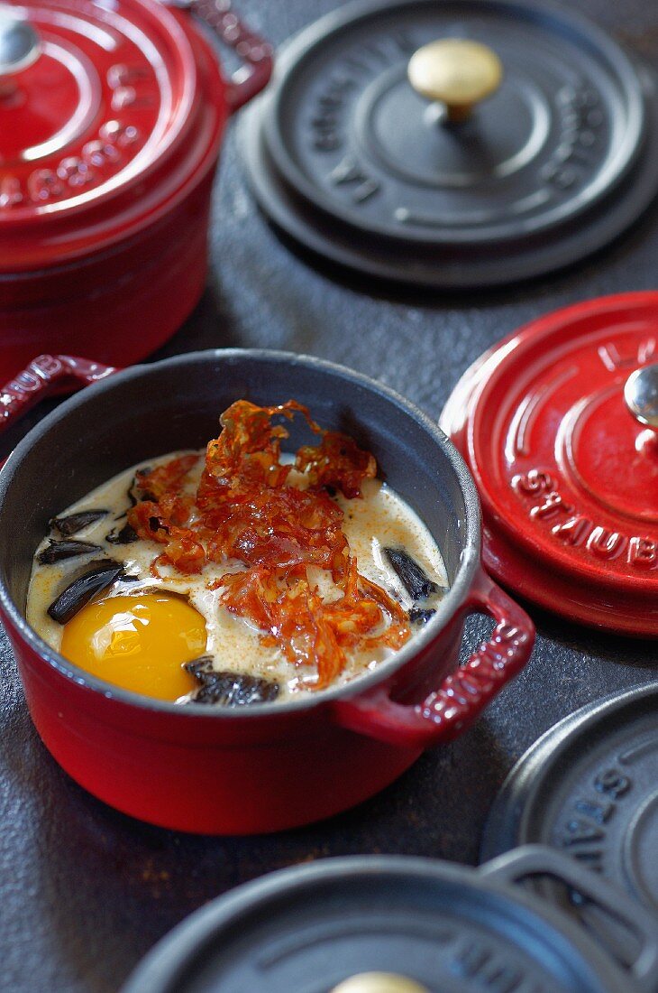 Oeufs en Cocotte with mushrooms and chorizo (France)