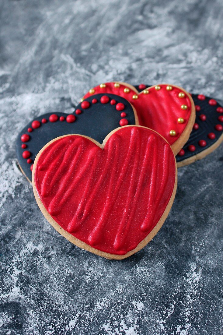 Red and black heart-shaped biscuits