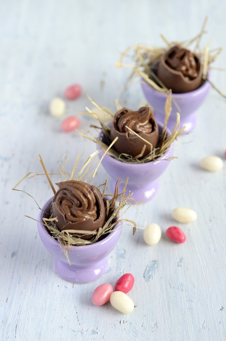 Mousse au chocolat in chocolate eggs
