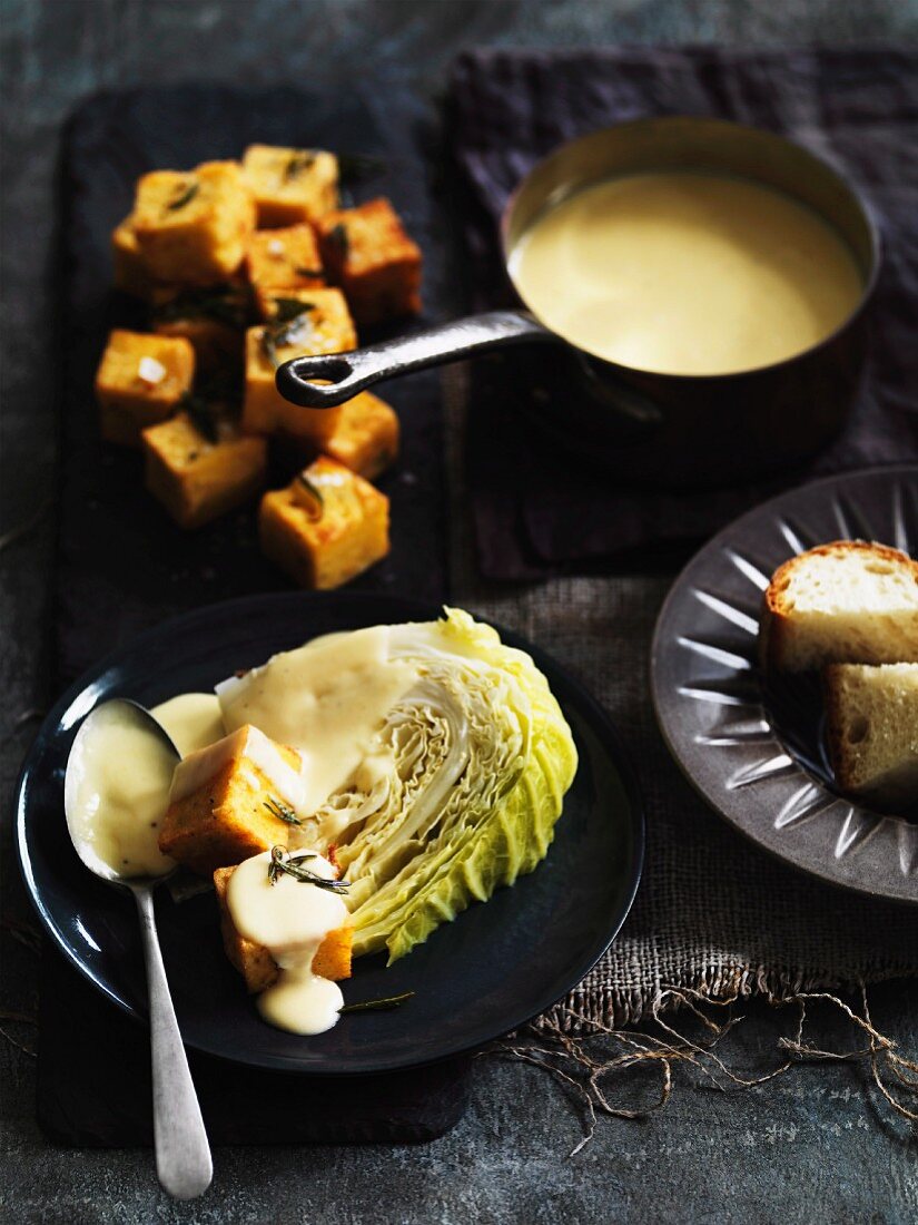 Fonduta valdostana (cheese fondue with polenta and Savoy cabbage, Italy)