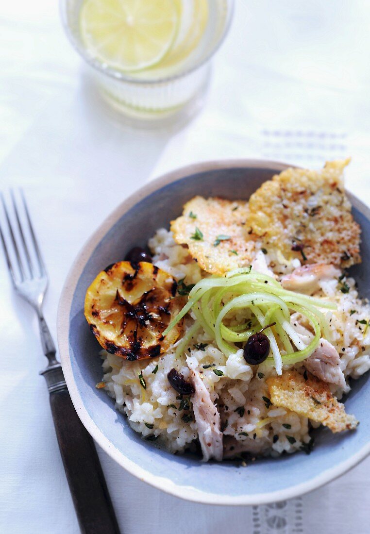 Lemon risotto with mackerel, parmesan wafers and lime zest