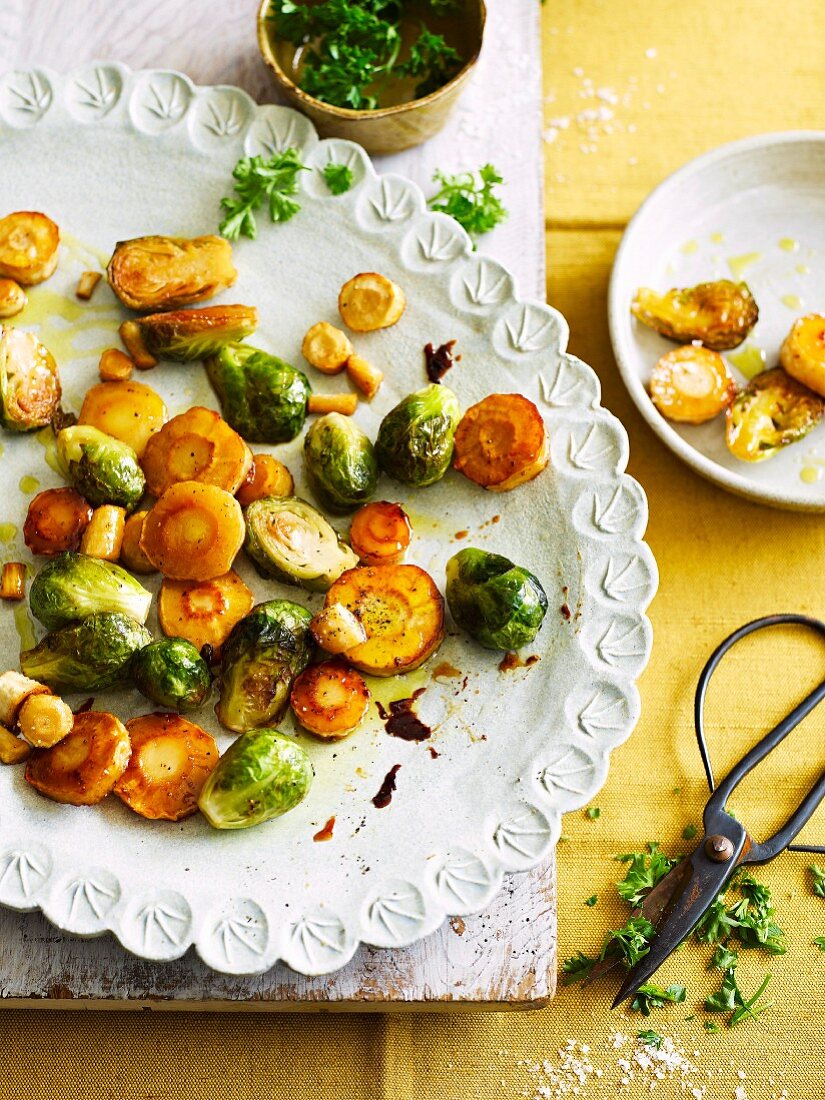 Glazed parsnips with Brussels sprouts
