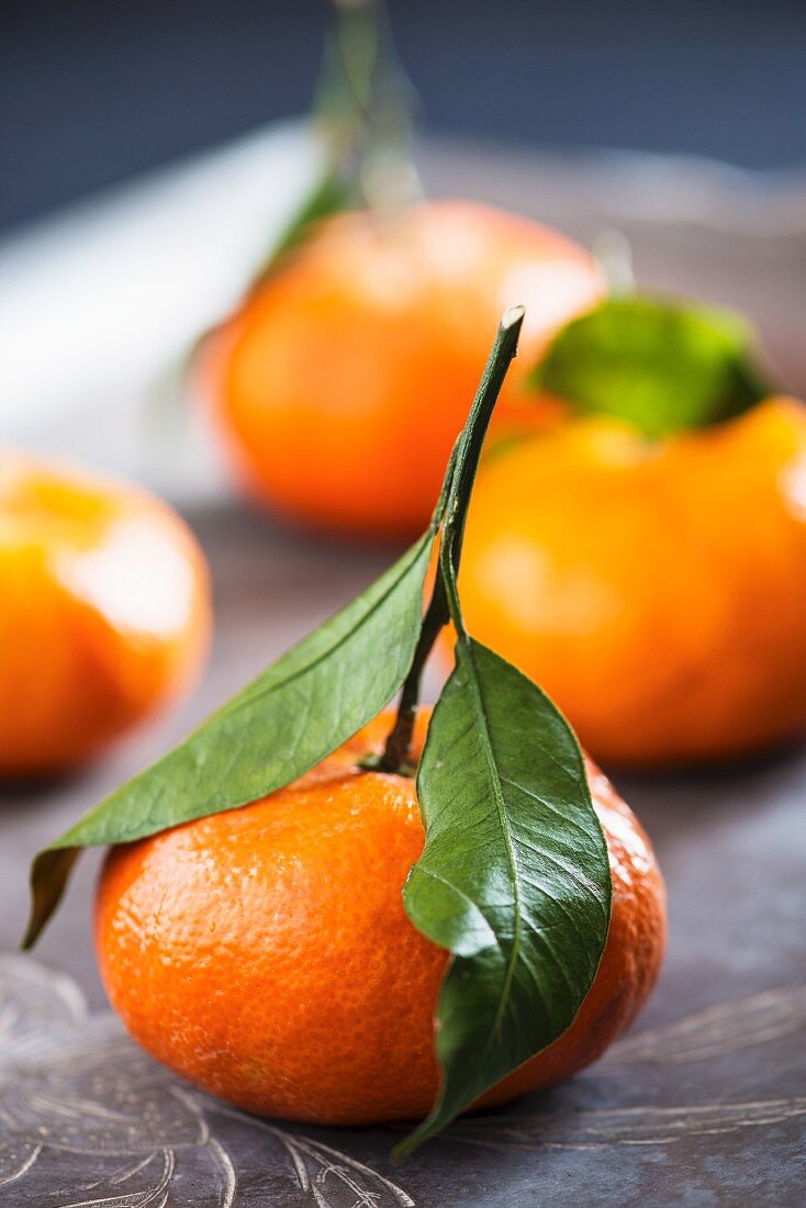 Several clementines with leaves