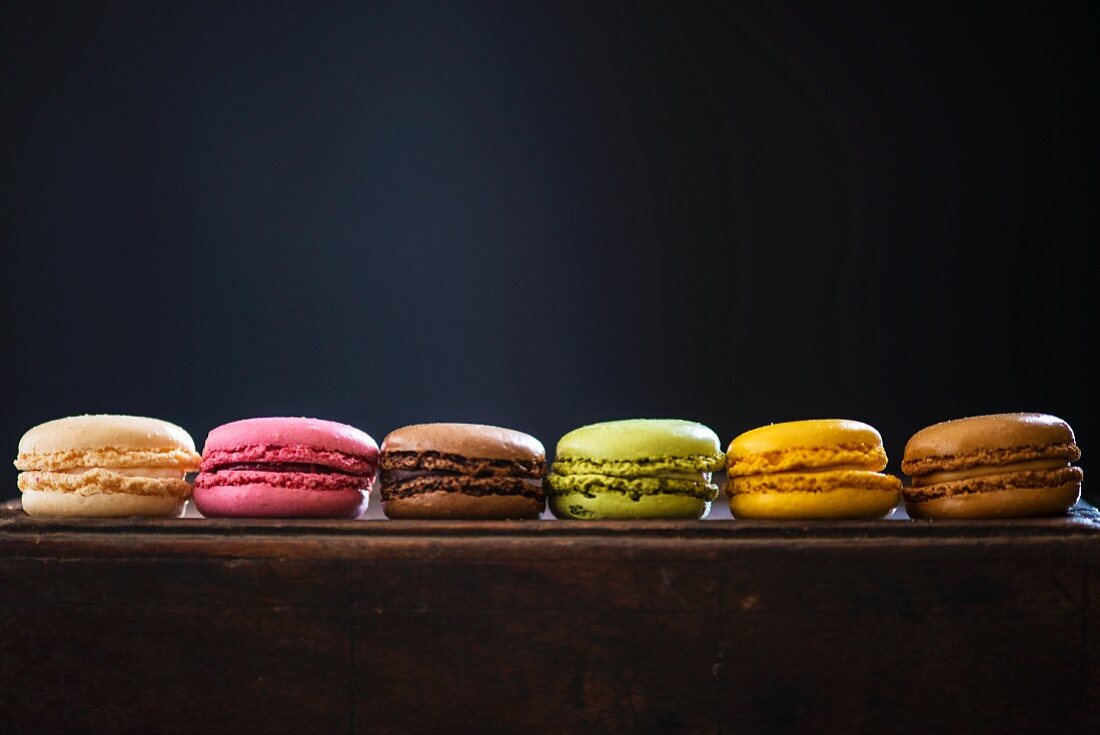 Several different macaroons in a row