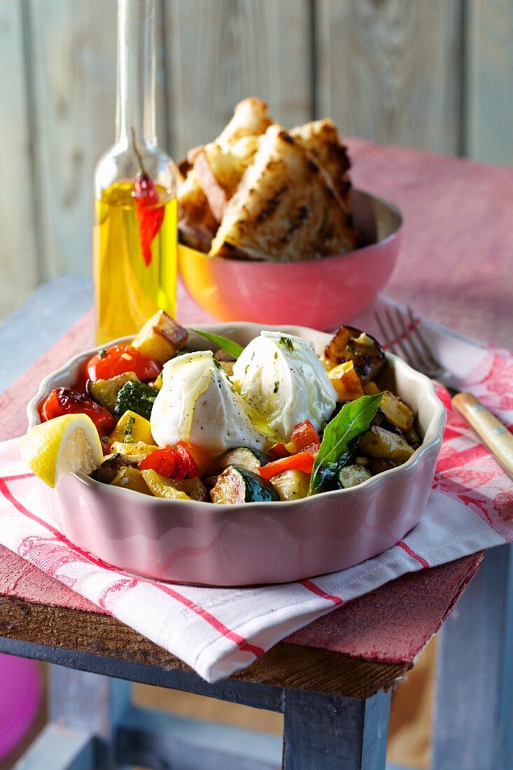 Ratatouille, cooked on the barbecue and served with buffalo mozzarella