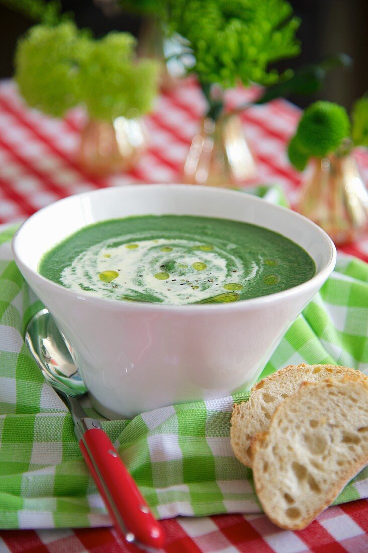 Cream of spinach soup with cashew purée and olive oil