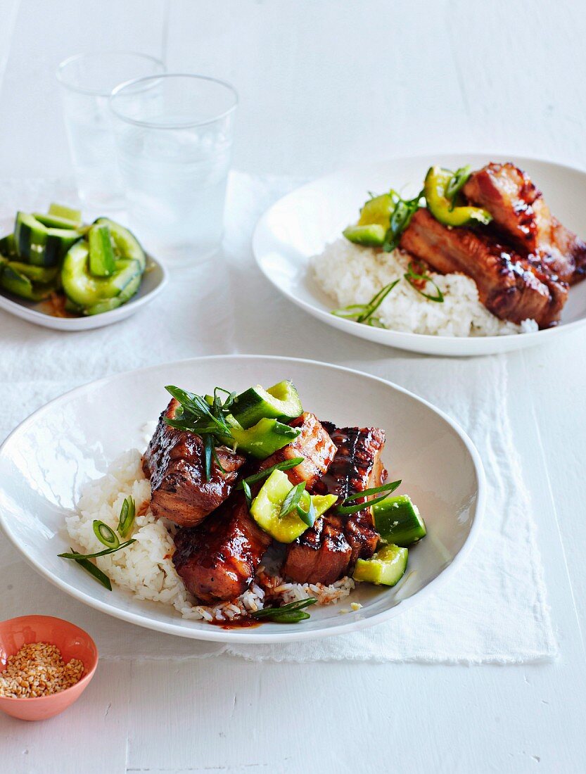 Pork ribs in hoisin sauce with a cucumber and ginger salad