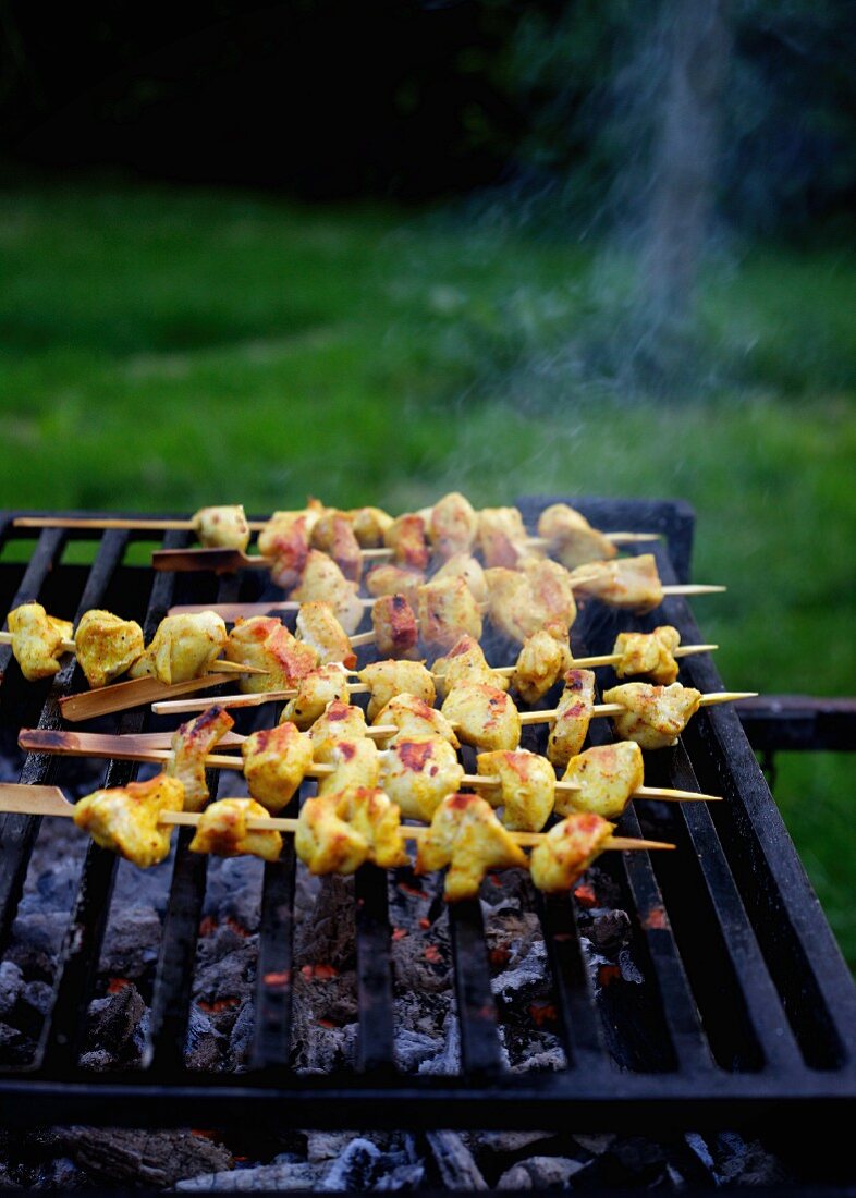 Oriental chicken kebabs on the barbecue