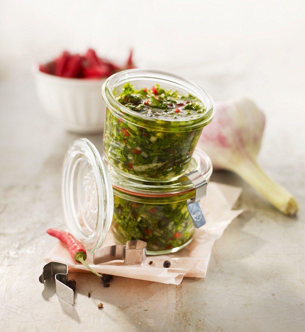 Spicy parsley sauce in preserving jars