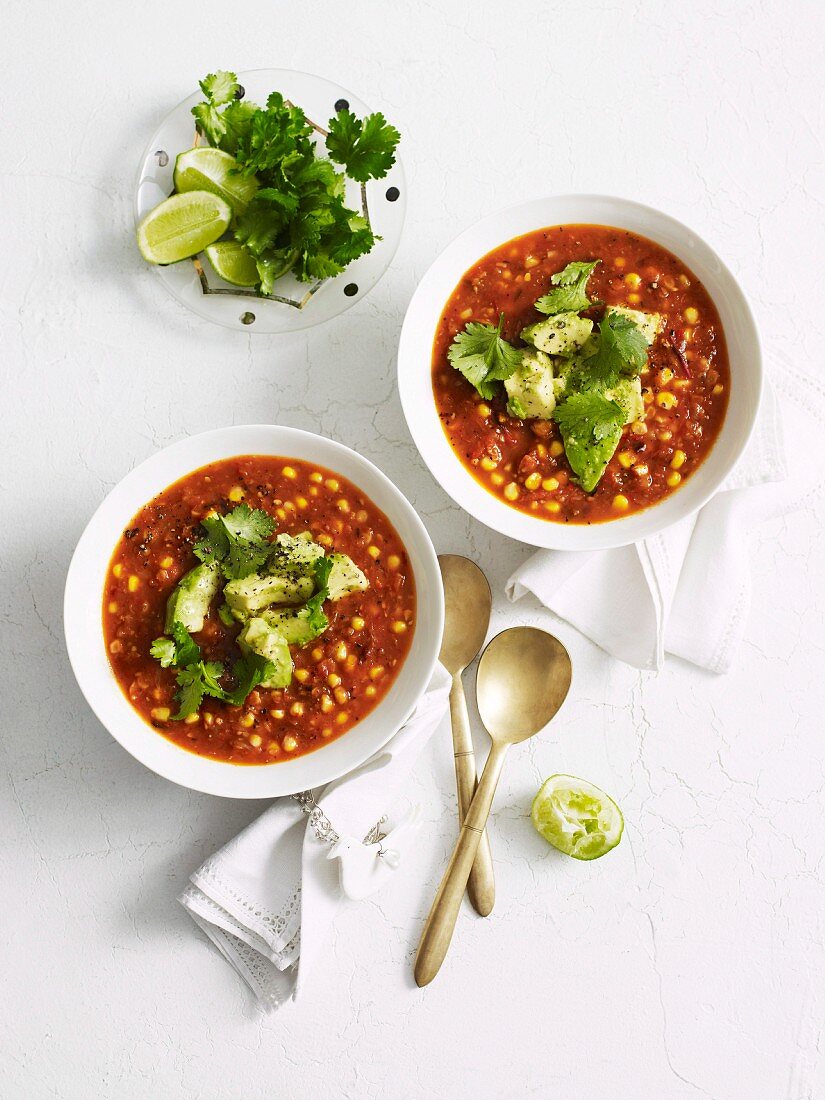 Sweetcorn soup with avocado and coriander