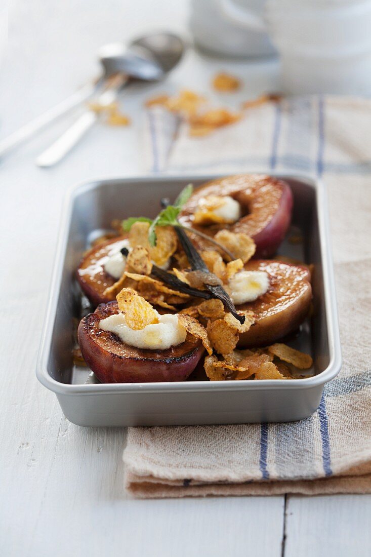 Caramelised peaches with semolina pudding and cornflakes