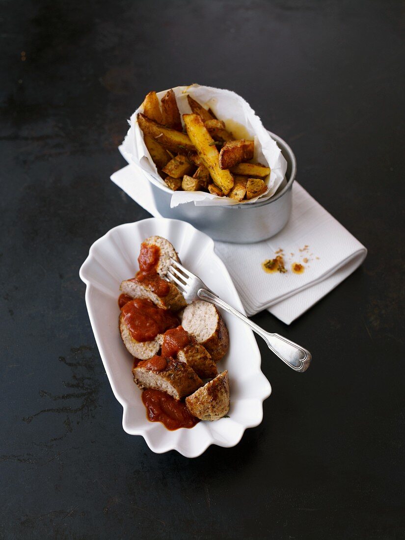 Currywurst mit Ketchup und Pommes frites