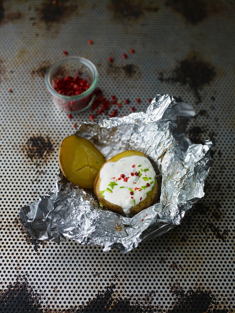 A truffled jacket potato with red peppercorns