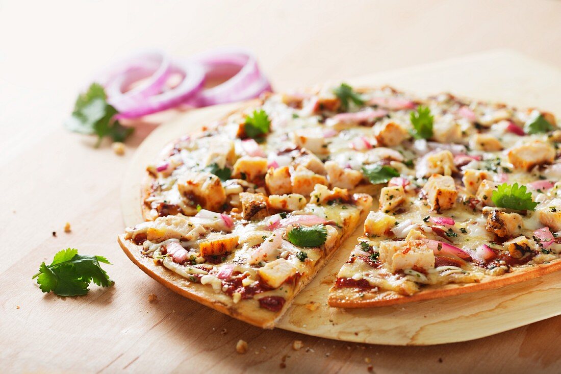 Barbecue Chicken and Red Onion Pizza with Fresh Cilantro