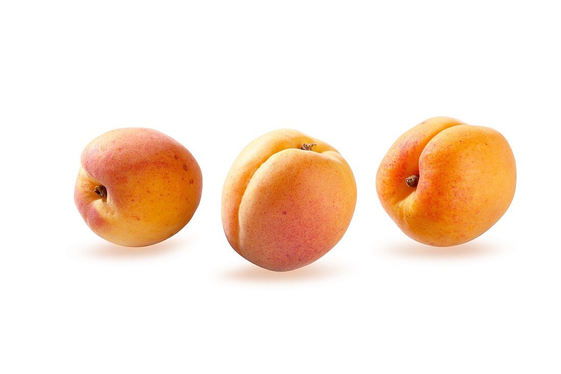 Three apricots against a white background
