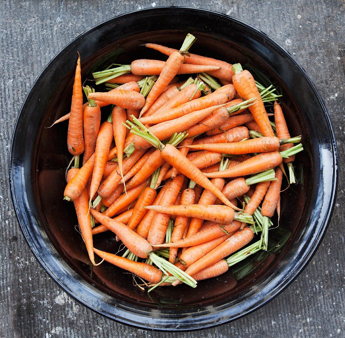 Carrots in a black bowl