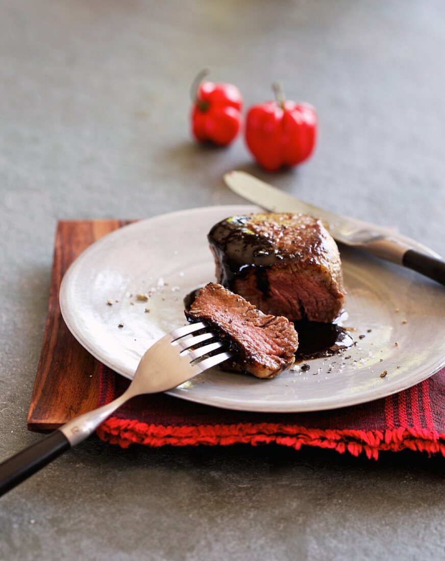 Beef steak with spicy chocolate sauce