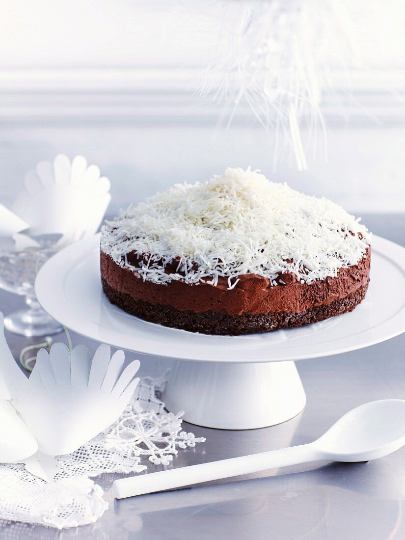 Frozen chocolate dome cake decorated with grated coconut